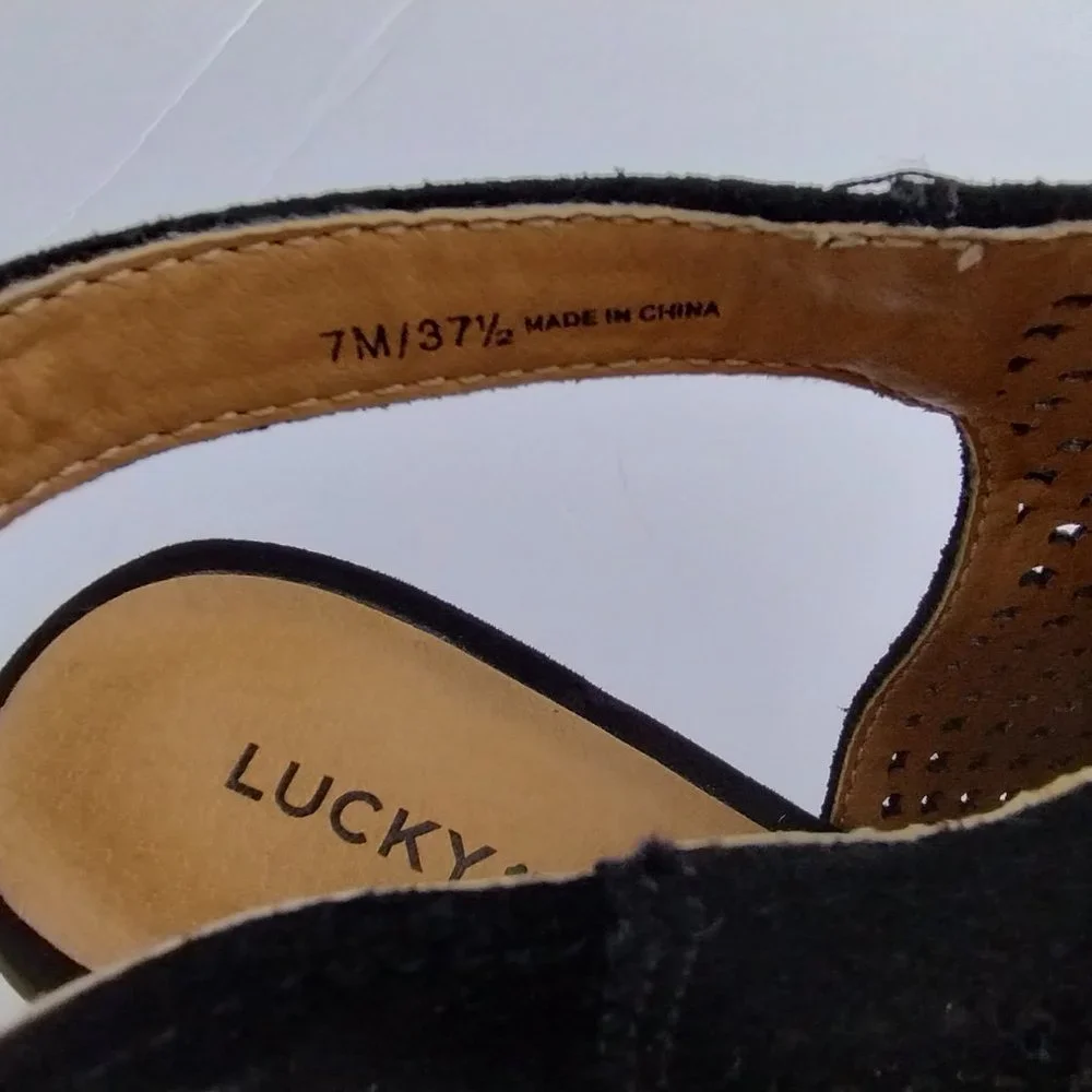 Lucky Brand Bertel Sandal Sling Back Perforated Leather Suede Block Heel Size 7 - Picture 2 of 13